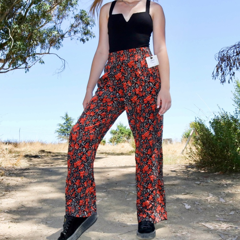 Black & Orange Floral Flowy Pants